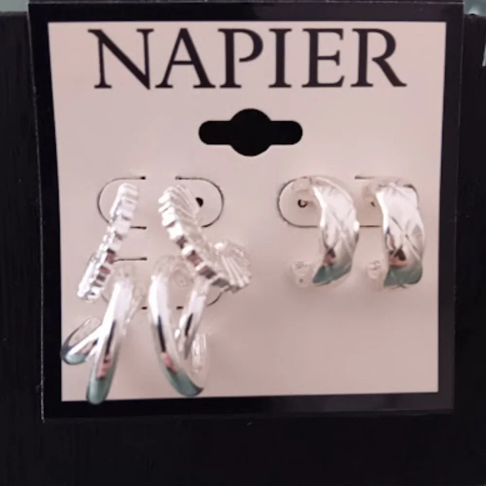 NAPIER 3pc Contemporary Silver Criss Cross/Cutout/Quilted Texture Hoop Earrings - Picture 2 of 4